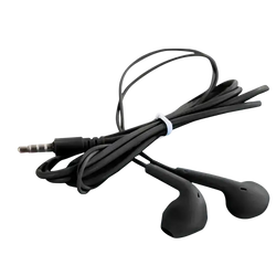 Black wired in ear headphones with microphone featuring inline control soft silicone ear tips and coiled cable with 35mm jack