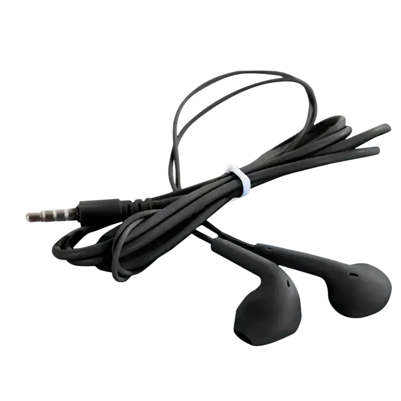 Black wired in ear headphones with microphone featuring inline control soft silicone ear tips and coiled cable with 35mm jack