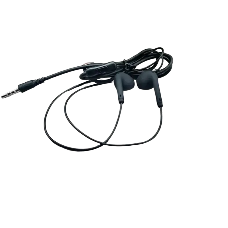 Black wired in ear headphones with inline control microphone featuring soft silicone tips for comfortable use