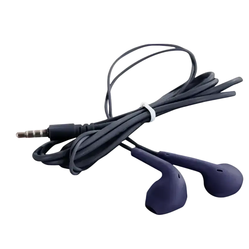 Wired in ear headphones with microphone featuring black and purple silicone tips and inline control with 3.5mm jack