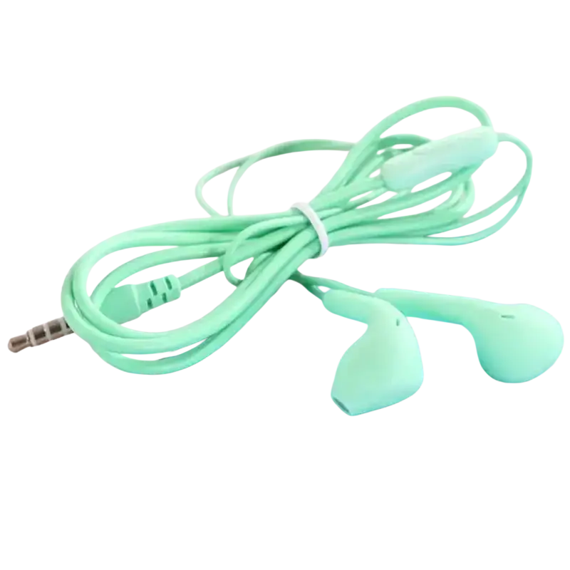 Mint green wired in ear headphones with microphone featuring inline control and soft plastic casing for comfort