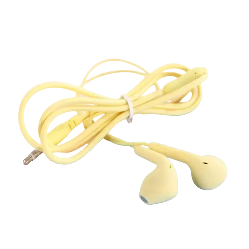 Pair of pale yellow wired in ear headphones with soft silicone tips microphone featuring and inline control coiled cable