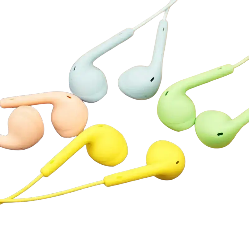 Pastel-colored wired in ear headphones with soft silicone earpieces microphone featuring inline control and matching cables