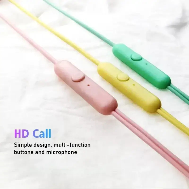 Pastel-colored wired in ear headphones with soft silicone inline control modules and microphone featuring in pink yellow and green