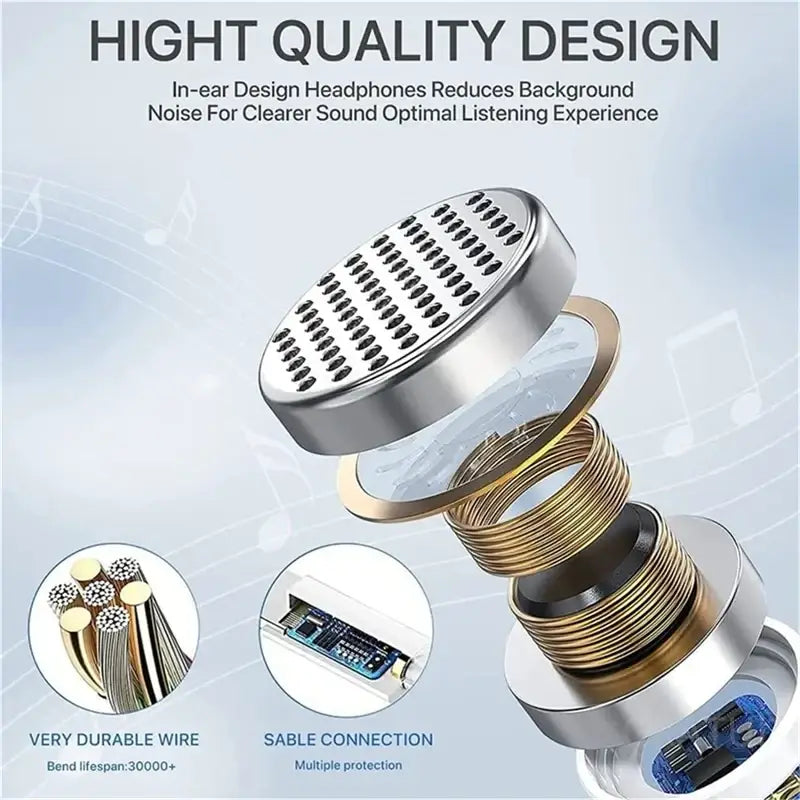Wired in-ear headphones with microphone featuring silver metallic finish and gold-accented internal components
