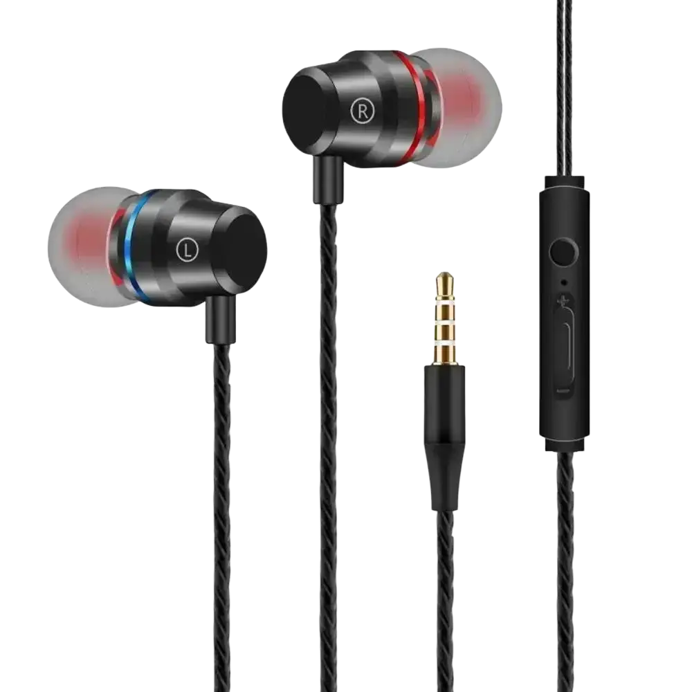 Black wired in ear headphones with microphone volume control featuring braided cable and red and blue accent rings