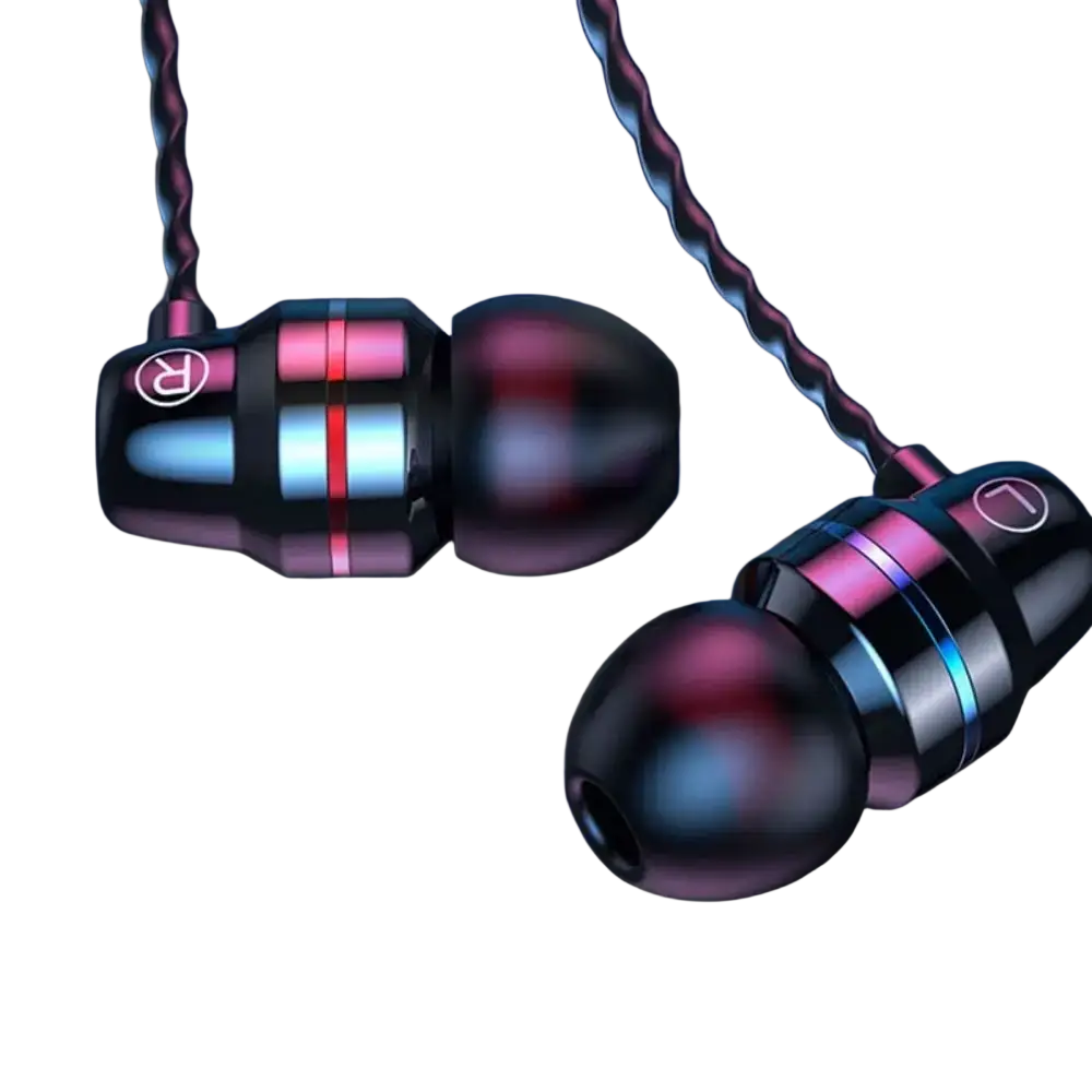 Wired in ear headphones with microphone and volume control in black with red and blue accents and braided cable