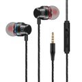 Black wired in ear headphones with red and blue accents braided cable and inline microphone and volume control featuring easy use