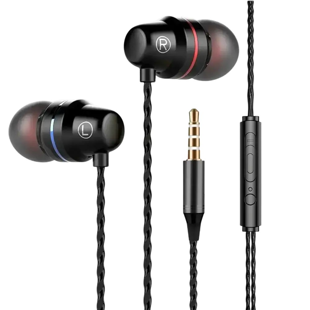 Black wired in ear headphones with twisted cable, l and r markings, featuring volume control and microphone functionality