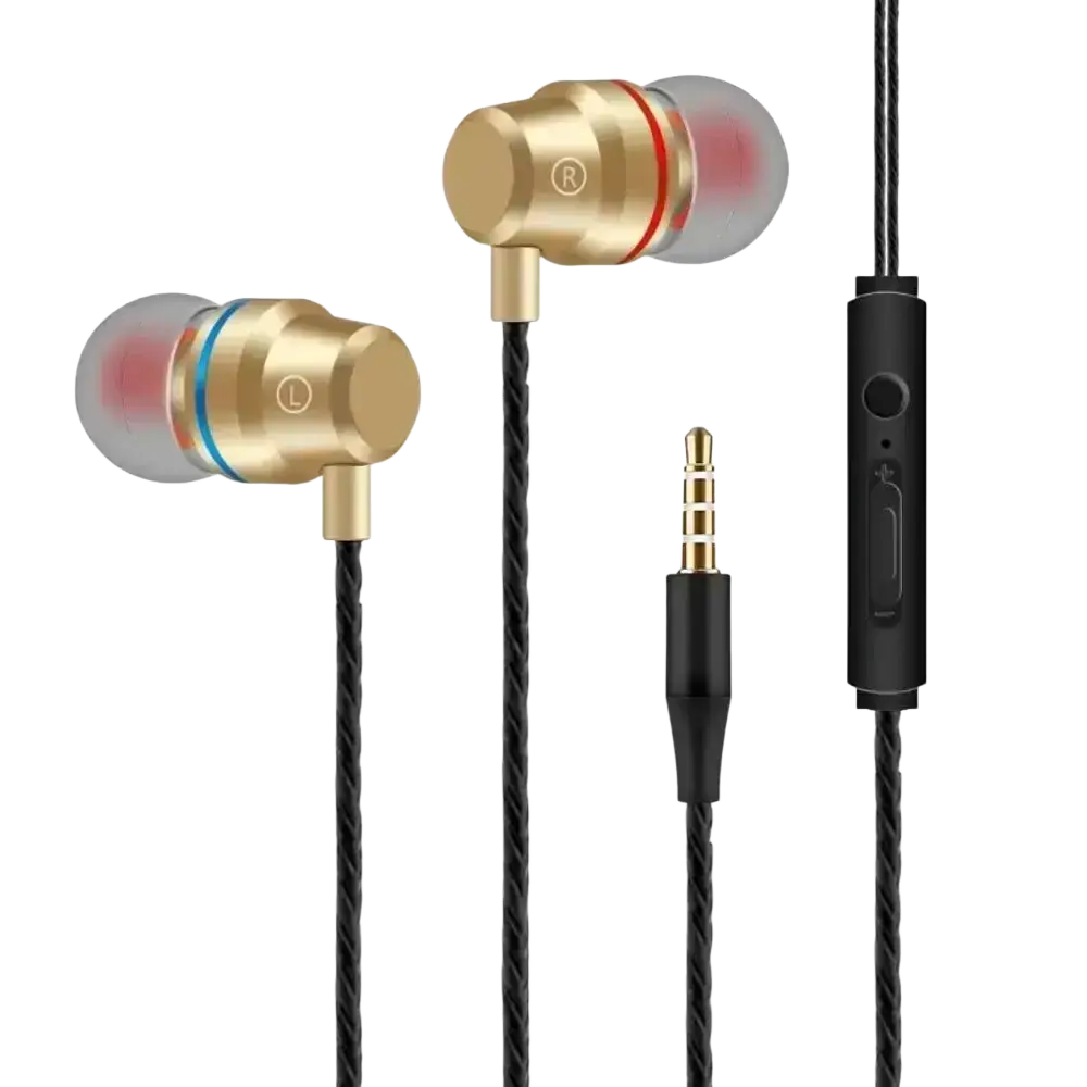 Gold-colored wired in ear headphones with transparent ear tips and black braided cables featuring volume control