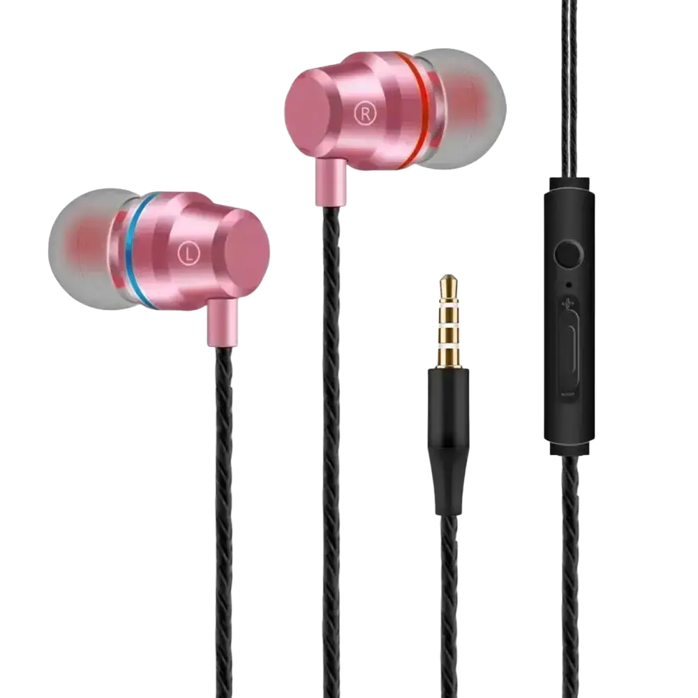 Pink metallic wired in ear headphones with black braided cables and volume control featuring microphone