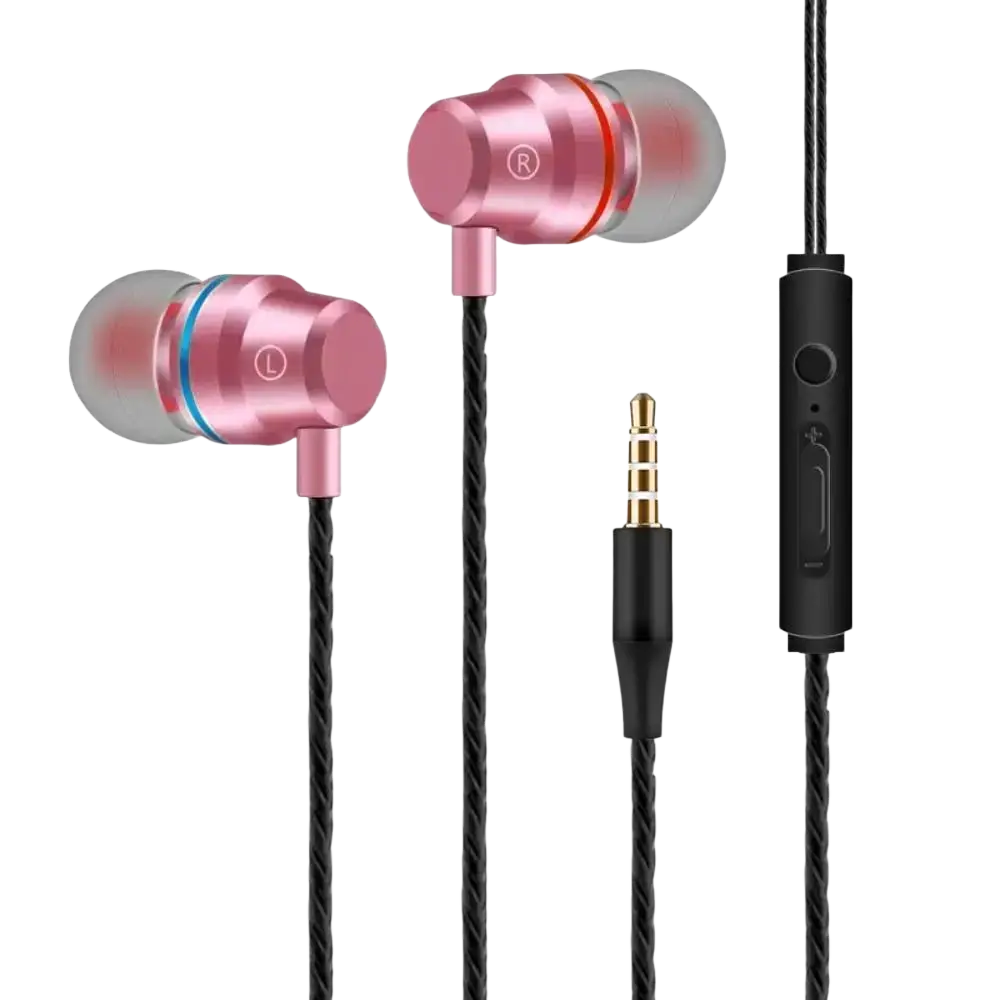 Wired in-ear headphones with microphone and volume control featuring pink metallic earbuds and black braided cable with inline control