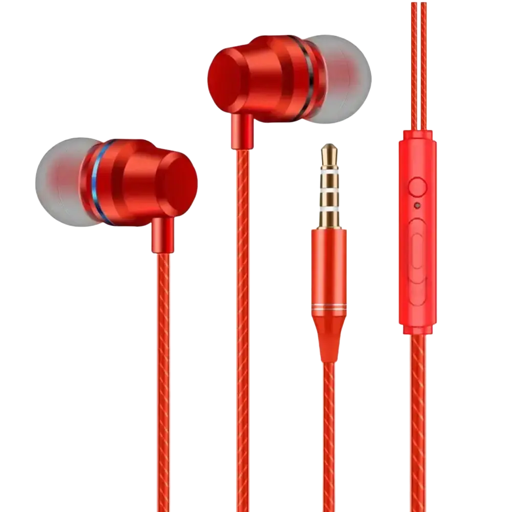 Red metallic wired in ear headphones with microphone volume control and braided red cables for clear audio use