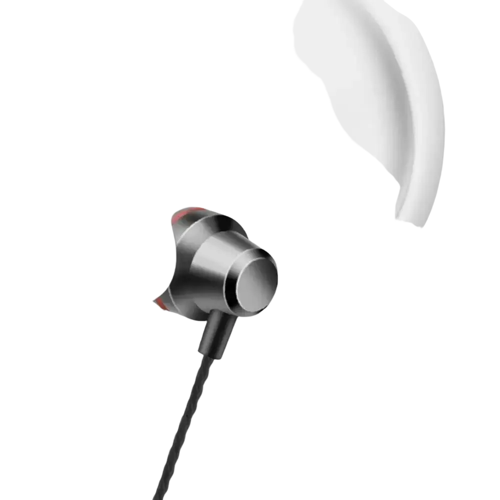 Wired in ear headphones with microphone and volume control silver metallic finish red accents braided black cable