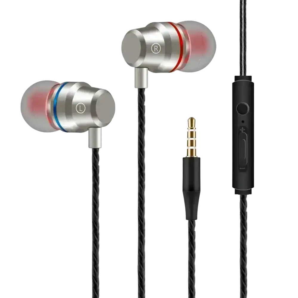 Silver wired in ear headphones with red and blue accents, black braided cable, and volume control featuring microphone