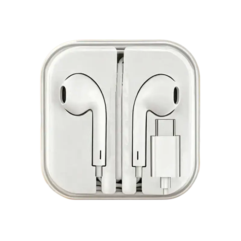 Wired white in-ear headphones with microphone and usb-c cable in a sleek white square case for Xiaomi devices