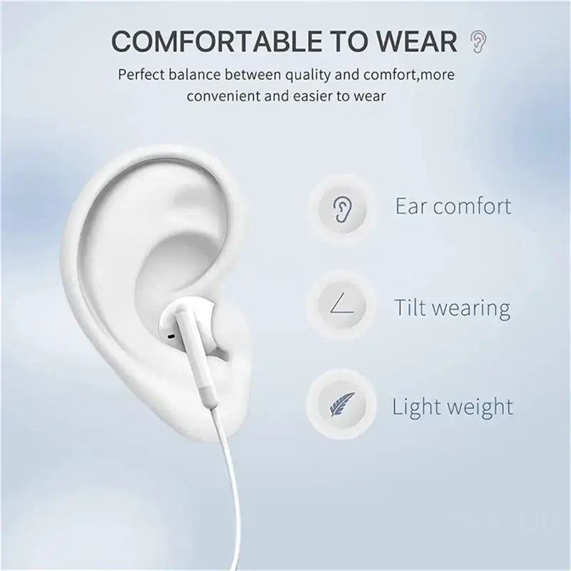 White wired in-ear headphones with microphone featuring a sleek minimalist design for comfortable wear