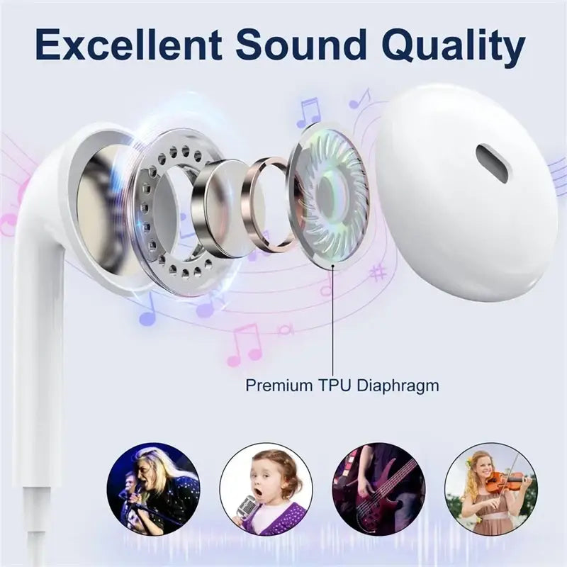 Wired in-ear headphones with microphone in white featuring sleek minimalist design and metallic internal components visible