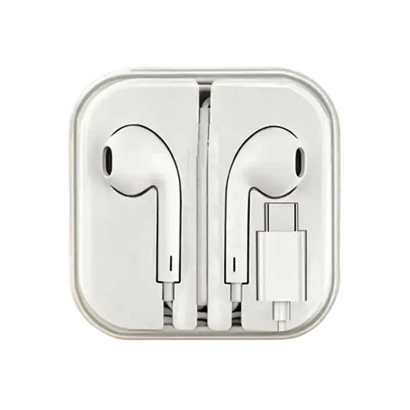 White apple wired in-ear headphones with microphone and usb-c charging cable neatly arranged in signature case