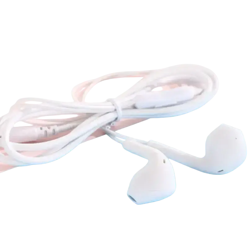 White wired in ear headphones with microphone featuring inline control and soft silicone tips for comfortable use