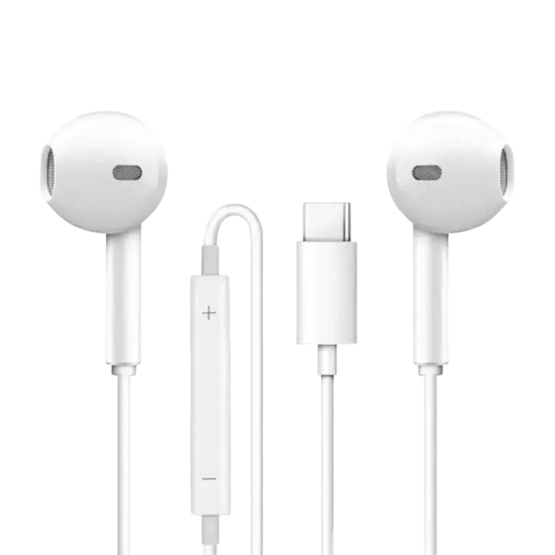 White wired in-ear headphones with microphone featuring usb-c connector and inline controls for clear audio use
