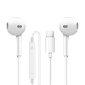 White wired in-ear headphones with microphone featuring usb-c connector and inline controls for clear audio use