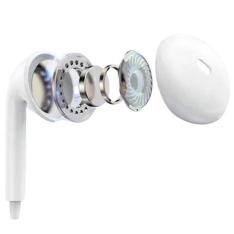 White wired in-ear headphones with microphone featuring exposed driver unit and excellent sound quality for wired use