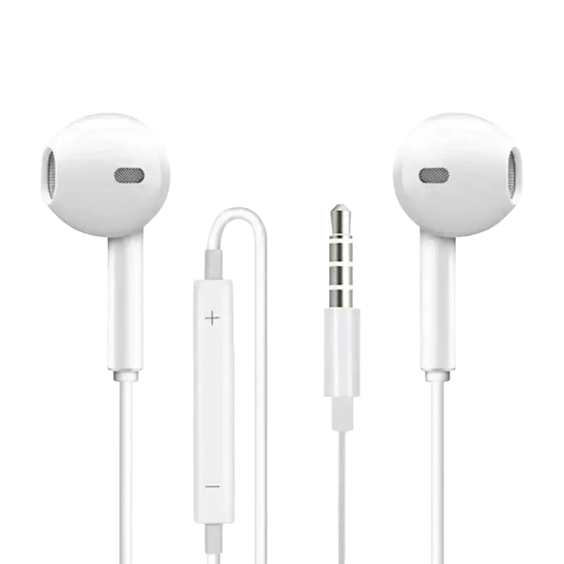 White wired in-ear headphones with microphone featuring a sleek minimalist design and 3.5mm audio jack