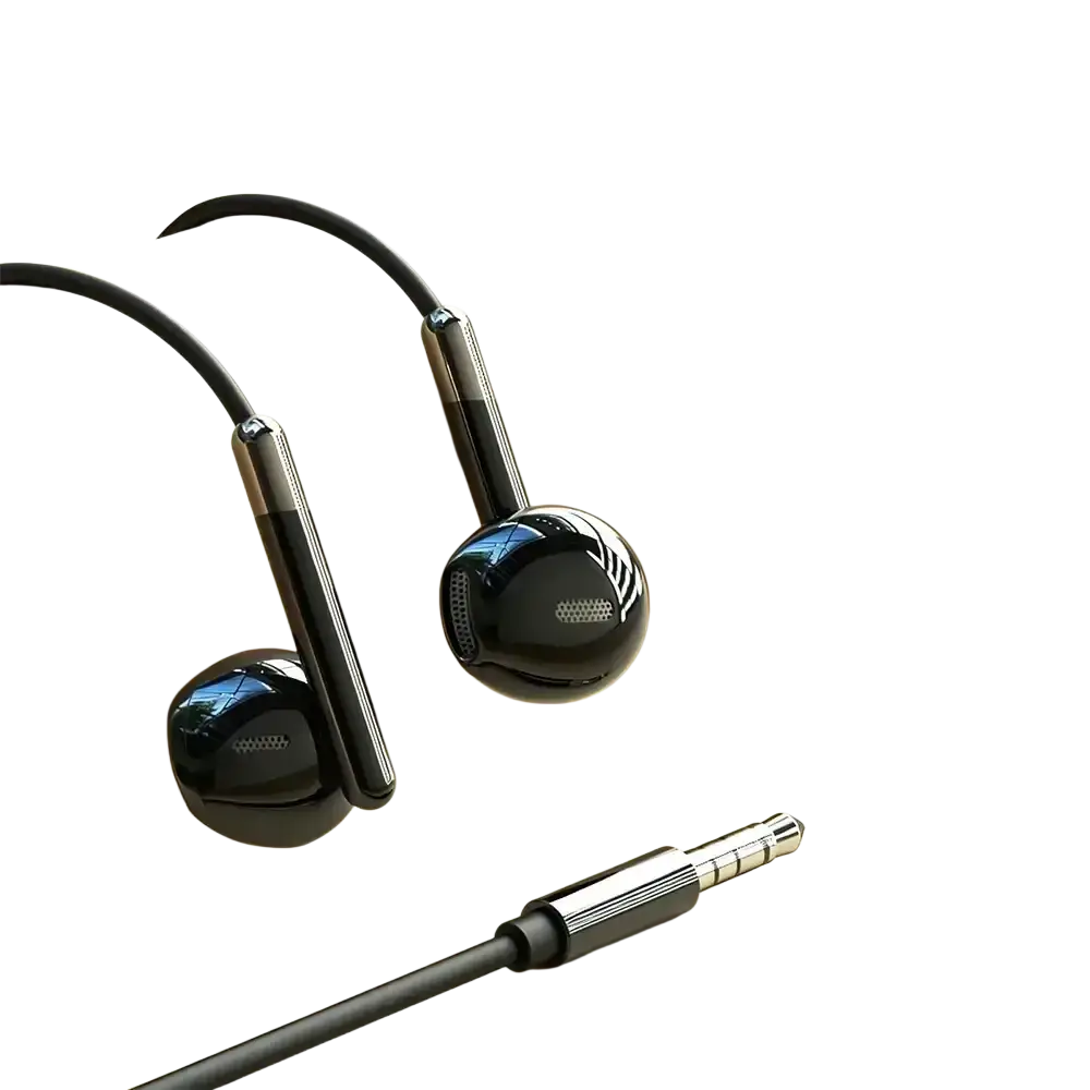 Black wired in-ear headphones with volume control featuring a sleek glossy finish and metallic stem accents
