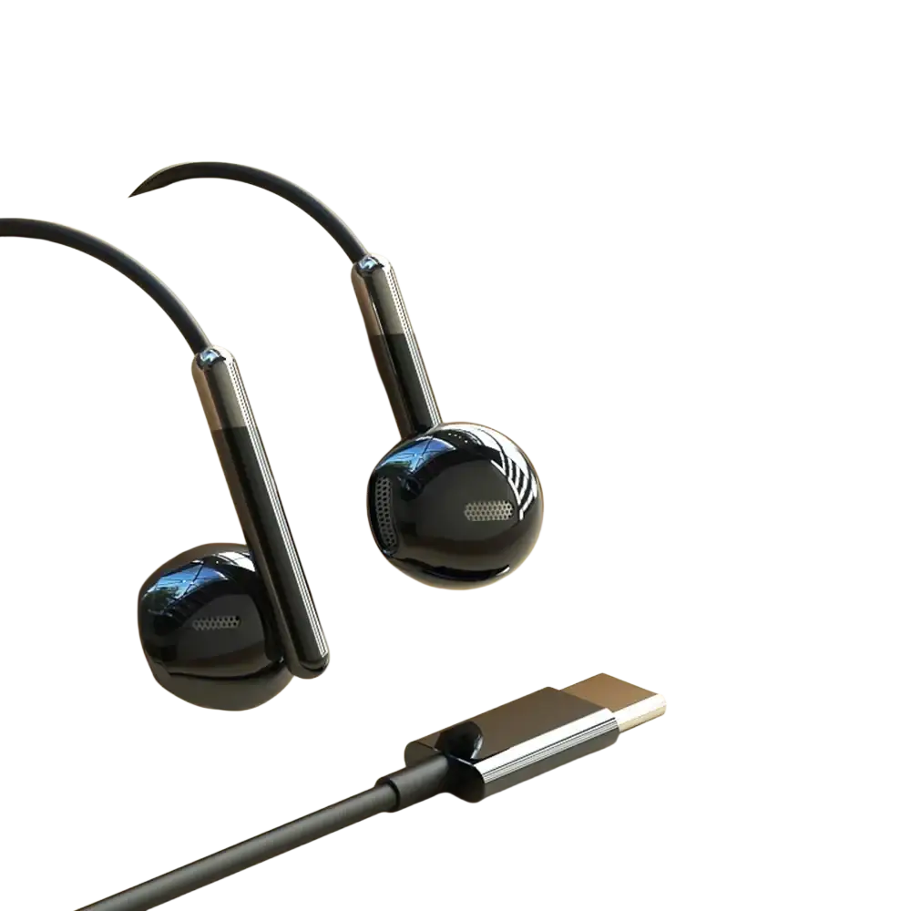 Black wired in-ear headphones with volume control feature, glossy finish, and metallic accents on the stems