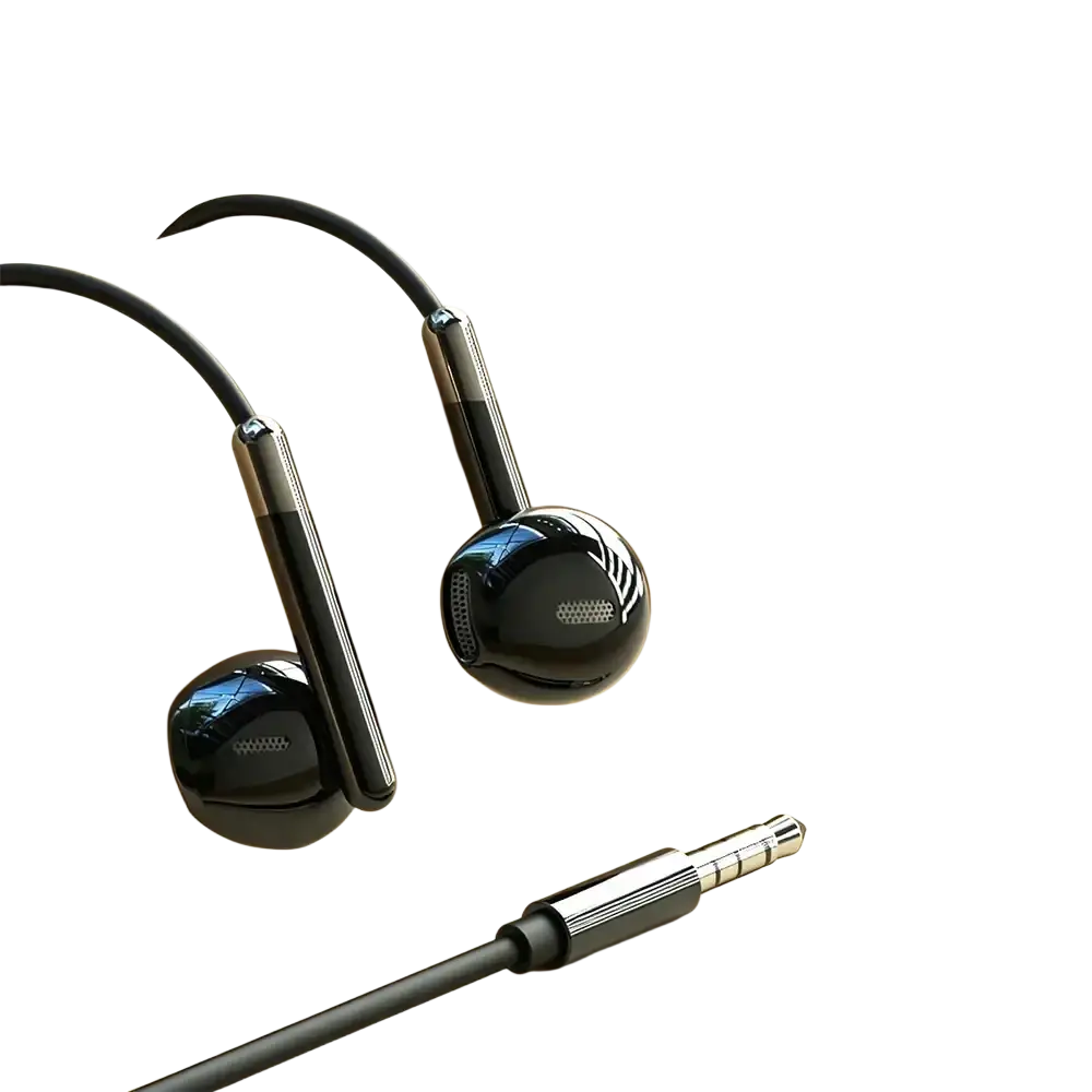 Black wired in-ear headphones with volume control, glossy finish, and metallic accents on the stems