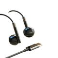 Black wired in-ear headphones with volume control and sleek metallic accents including a usb-c charging cable