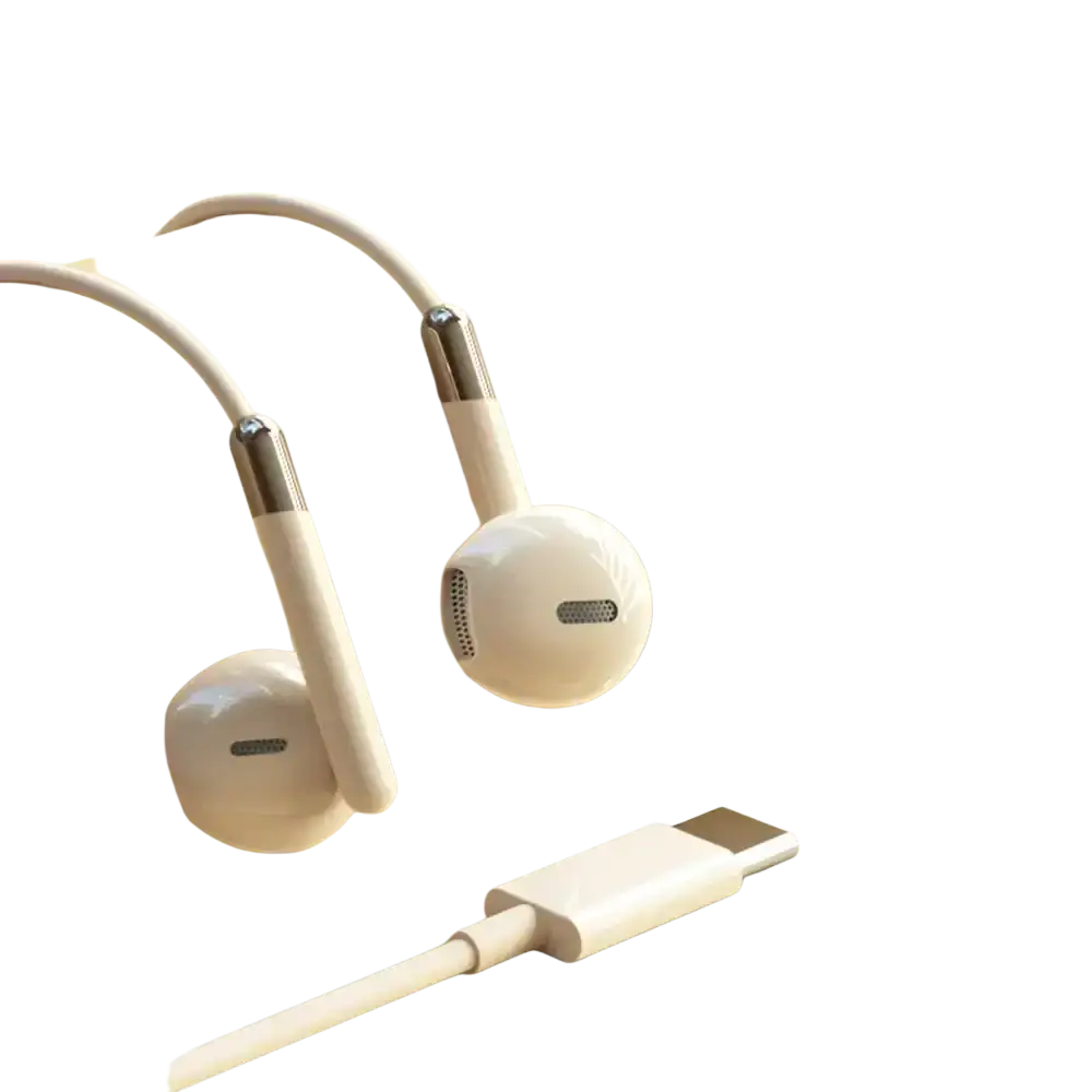 Cream-colored wired in-ear headphones with volume control feature and metallic accents on sleek minimalist stems
