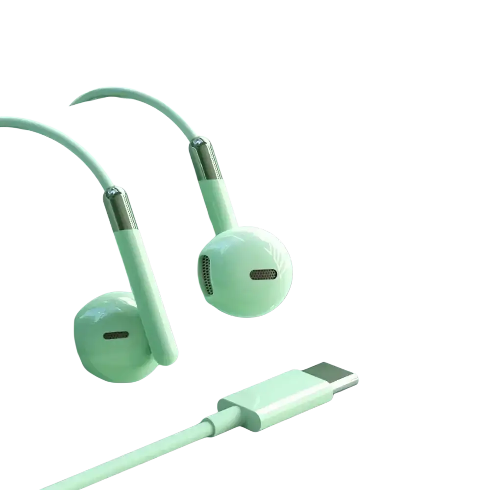 Mint green wired in-ear headphones with volume control and usb-c connector for high-quality audio experience