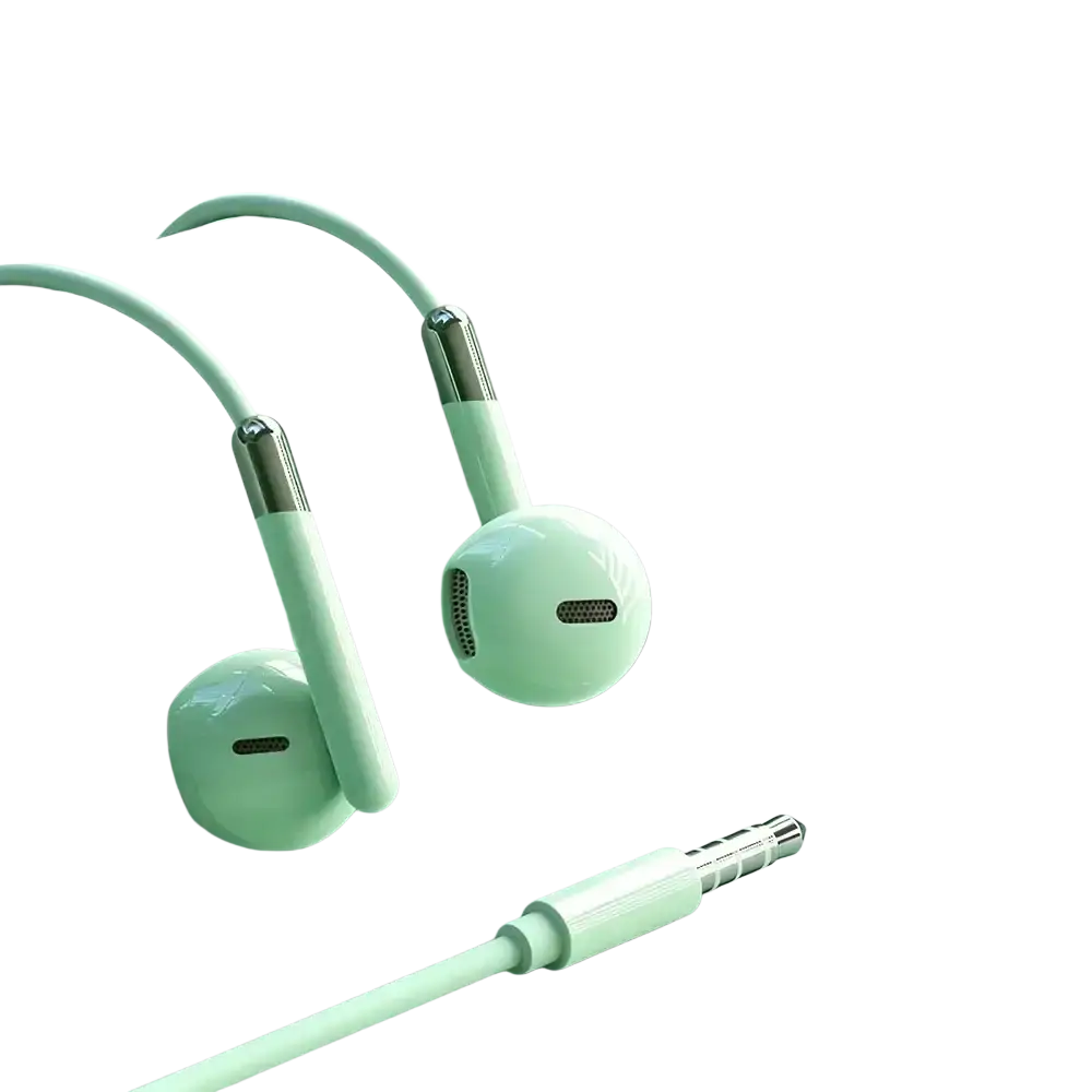 Mint green wired in-ear headphones with metallic silver connectors and volume control featuring a 3.5mm audio jack