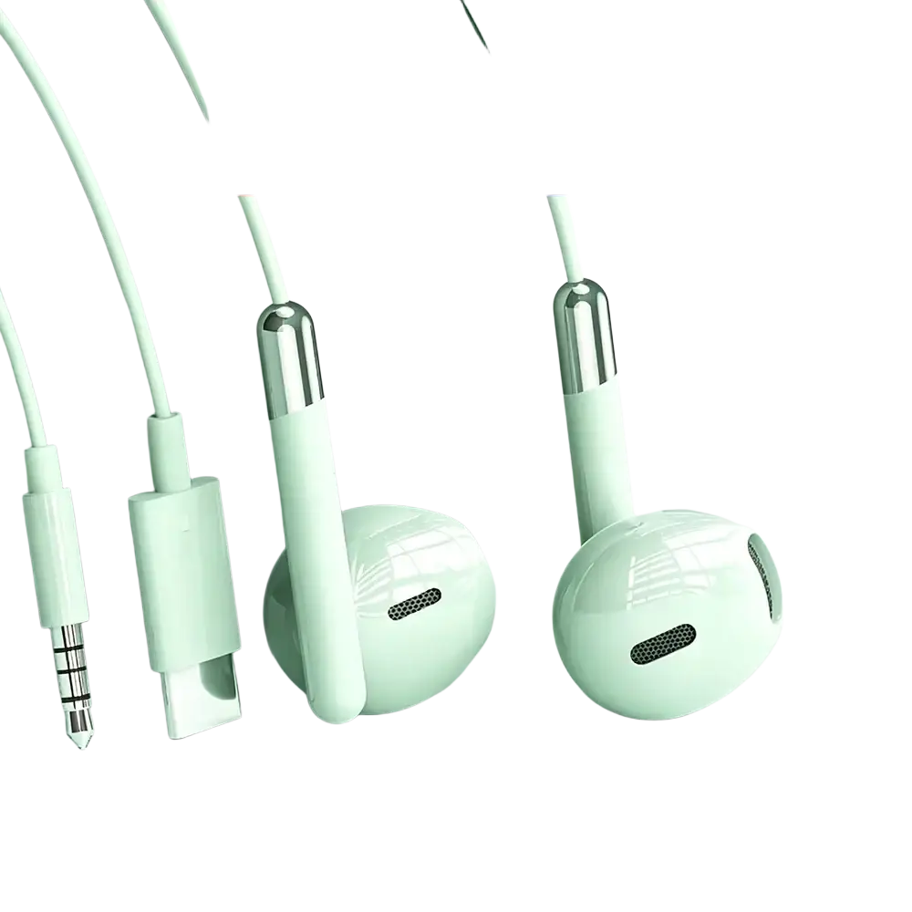 Mint green wired in-ear headphones with silver tips and inline remote control featuring volume control for karaoke calls