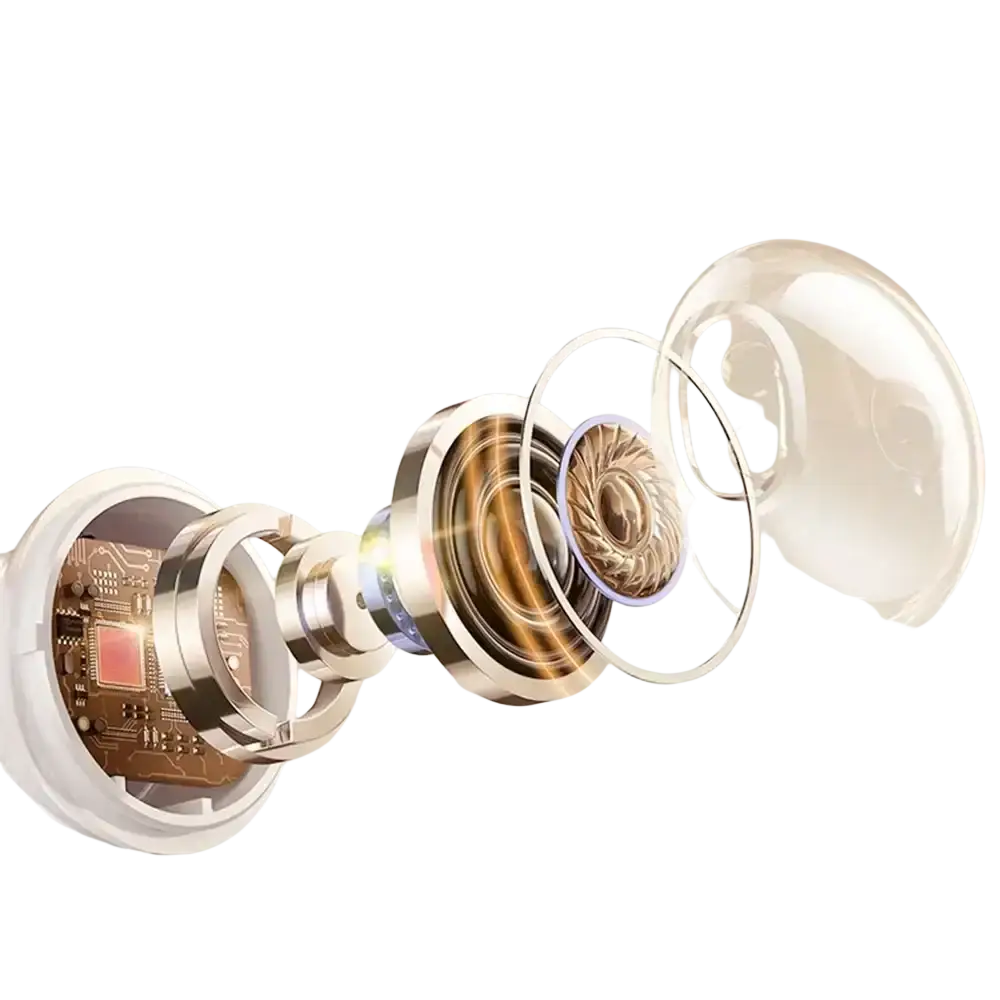 Silver and gold-toned wired in-ear headphones with volume control featuring a transparent dome showing internal components