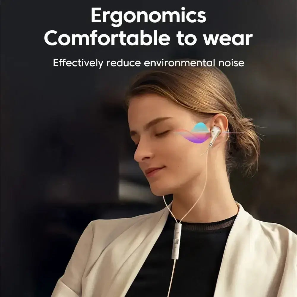White wired in-ear headphones with ergonomic design and integrated volume control on the cable for easy use