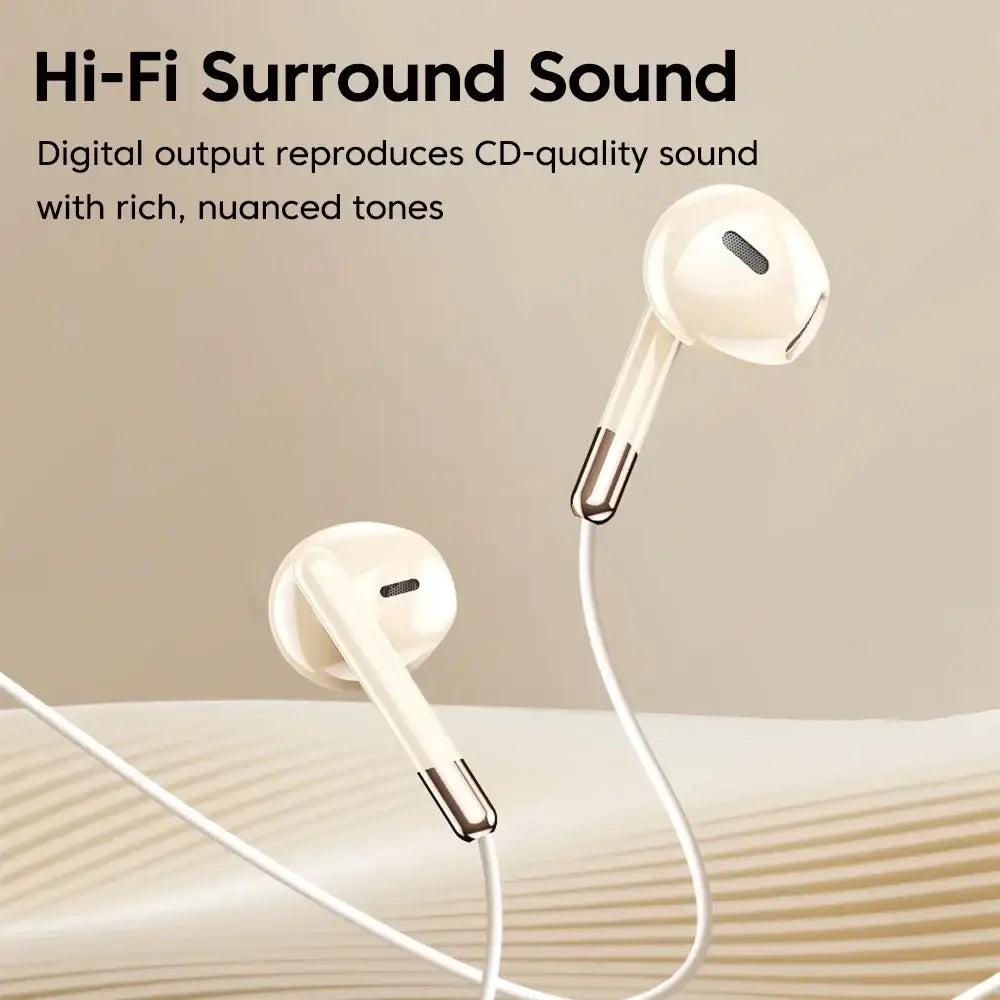 White wired in-ear headphones with volume control featuring a sleek glossy finish and metallic stem accents