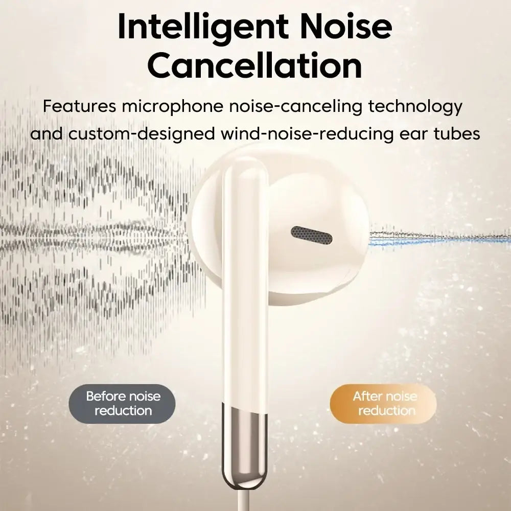 White and silver wired in-ear headphones with volume control and intelligent noise cancellation technology