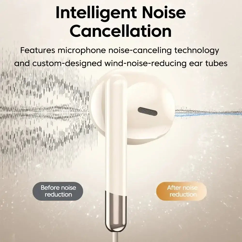 White wired in-ear headphones with volume control feature and metallic accents for enhanced audio experience