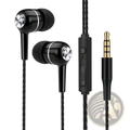 Black wired earbuds with silver metallic accents and braided cable featuring inline control for sport headset use