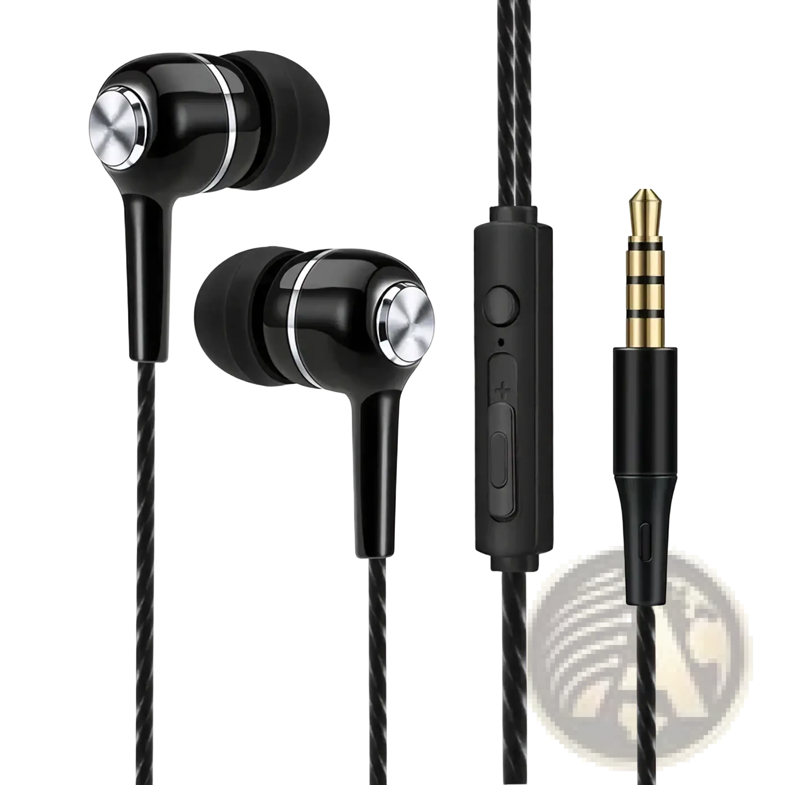 Black wired earbuds with silver metallic accents and braided cable featuring inline control for sport headset use