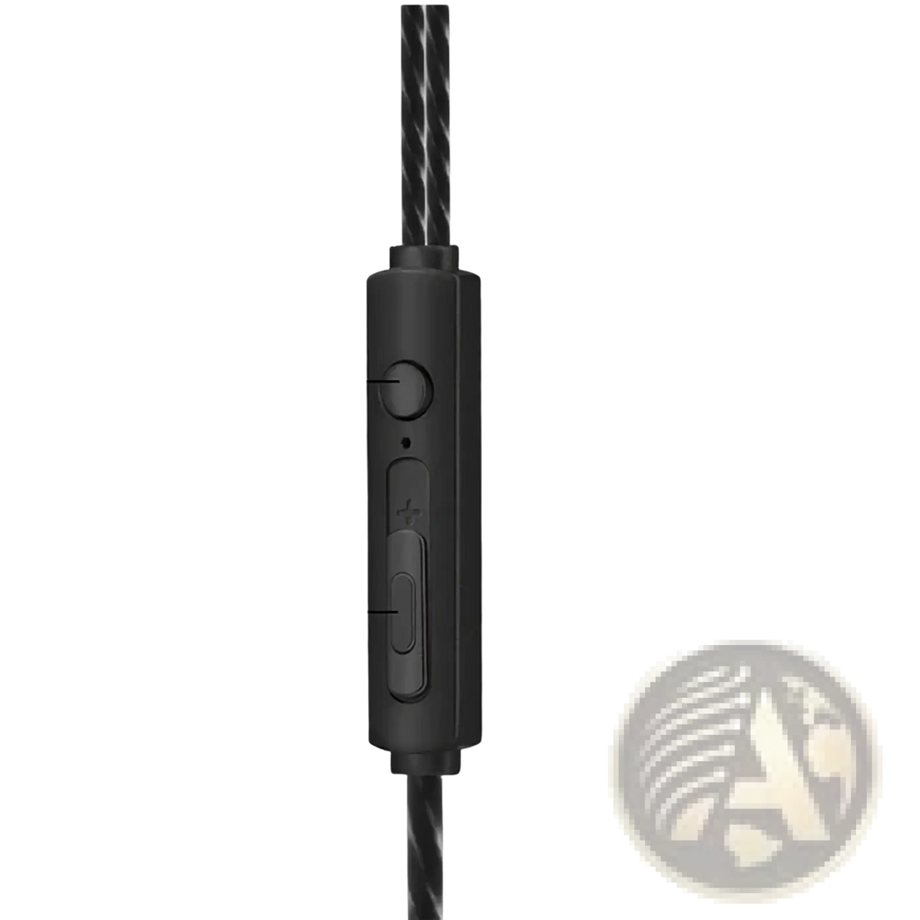 Black wired earbuds 3.5mm sport headset with mic featuring textured braided cable and tactile control module buttons