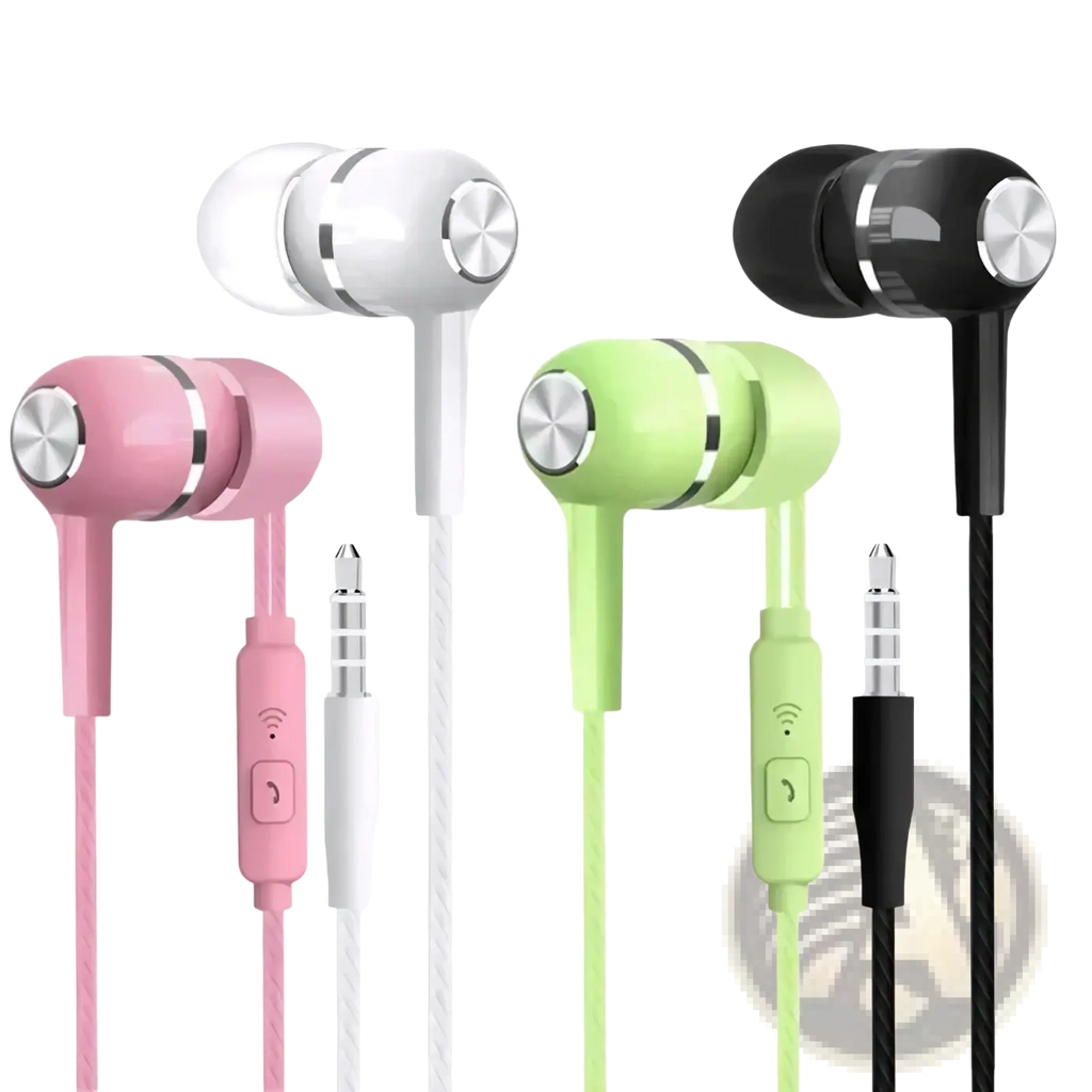 Set of colorful wired earbuds with 3.5mm jack sport headset featuring metallic silver control buttons and mic