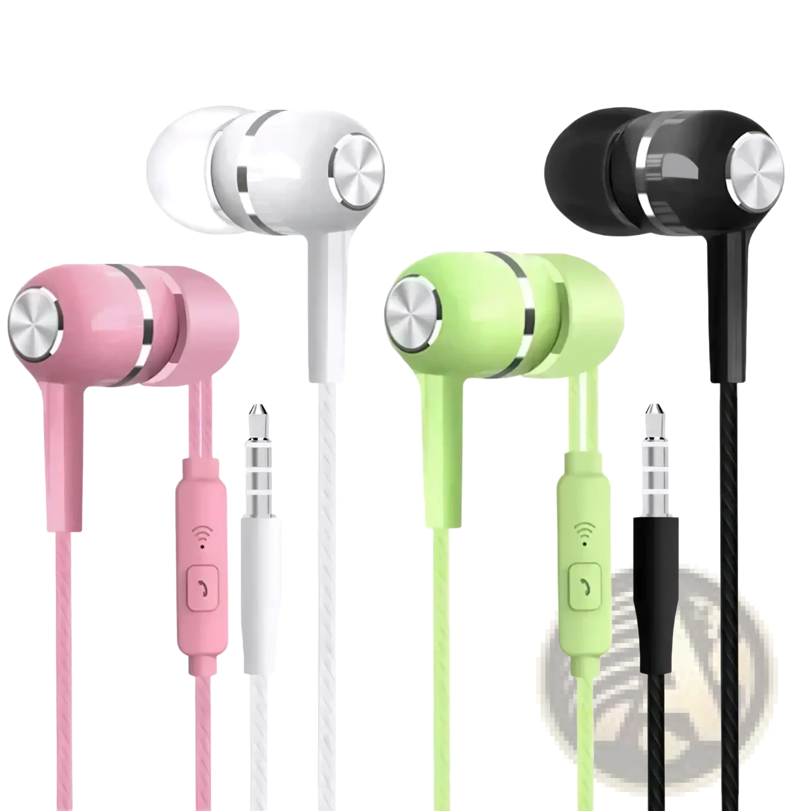 Set of colorful wired earbuds with 3.5mm jack sport headset featuring metallic silver control buttons and mic