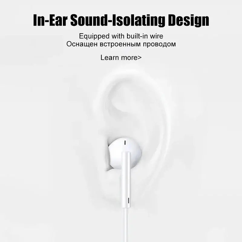 White wired earbuds 3.5mm stereo headset with in-ear design and built-in wire for audio listening