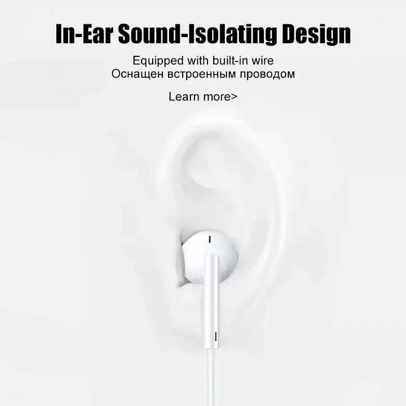 White wired earbuds with 3.5mm jack designed for sound isolation in a stereo headset for clear audio experience
