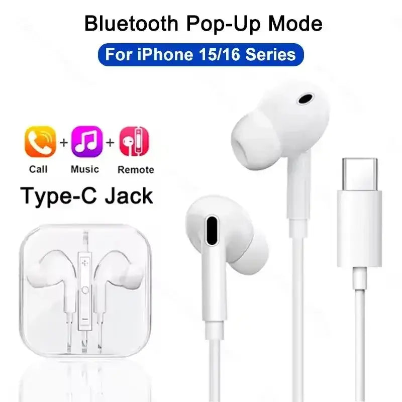 White wired earbuds 3.5mm stereo headset with type-c jack and built-in remote control for clear audio