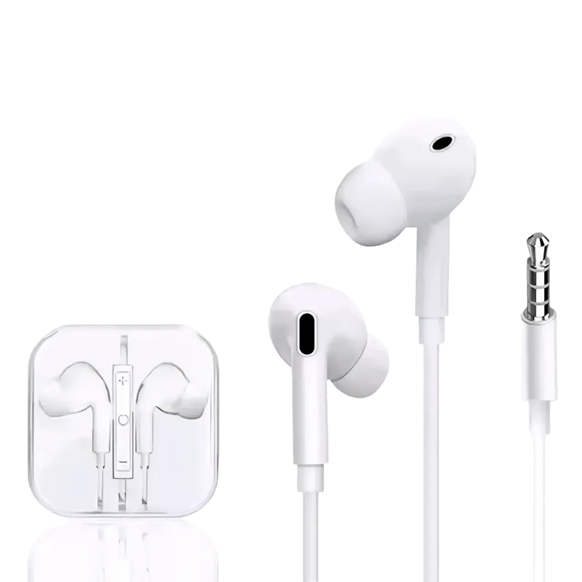 White wired earbuds with 3.5mm stereo jack featuring built-in call, music control, and remote functionality
